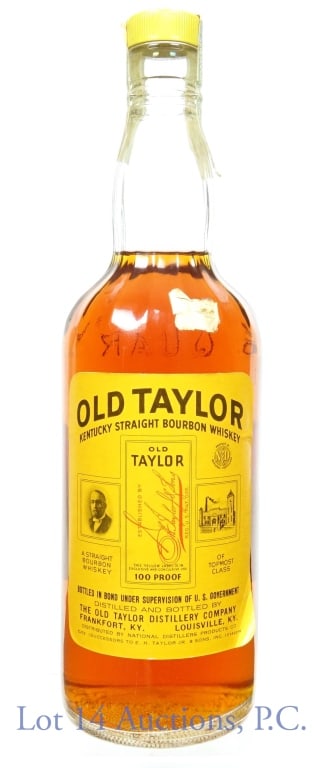 Old Taylor Bourbon (Bottled in Bond): Old Taylor Kentucky straight bourbon whiskey. Bottled in Bond (100 proof). 4/5 quart. The dates of distilling and bottling on the green tax strip are too faded to read. The bottom of the bottle has th