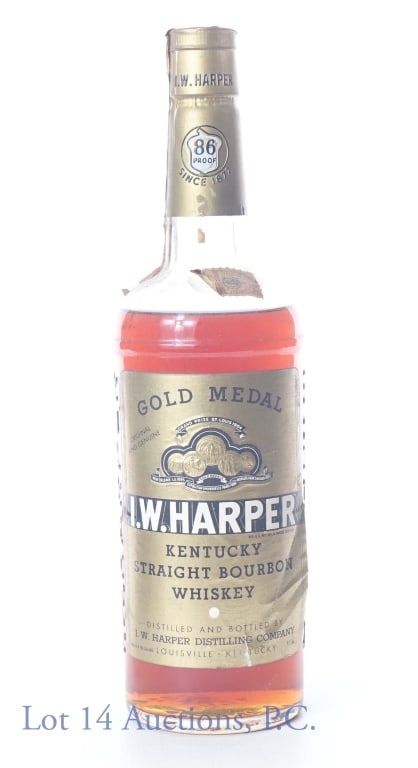 1964 I. W. Harper KY Bourbon Whiskey: 1964 (embossed on bottom of bottle) Kentucky Straight Bourbon Whiskey. Louisville, KY. With Series 112 tax strip and Maryland Tax Stamp. 86 proof, 4/5 quart. Some label damage (please see photos).