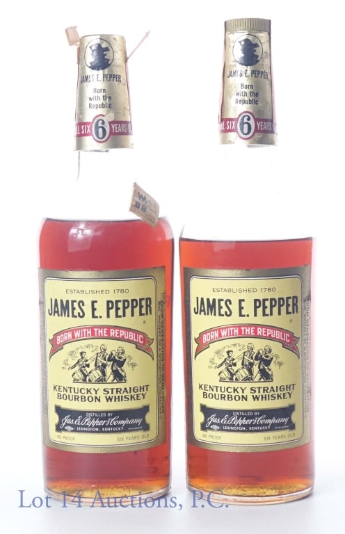 1964 James E. Pepper 6 Yr Old Kentucky Bourbon, 2*: Two bottles (one unsealed / missing cap) 1964 James E. Pepper 6 Year Old Kentucky Straight Bourbon Whiskey. Bottle with cap and Series 112 tax strip intact has mid shoulder fill. Bottle without cap an