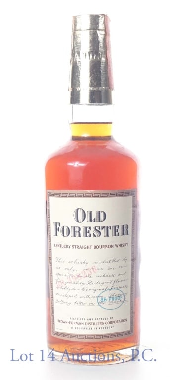 1965 Old Forester KY Bourbon Brown-Forman: 1965 (embossed on bottom and coded on labels) Old Forester Kentucky Straight Bourbon Whiskey, distilled and bottled by Brown-Forman Distillers Corporation, Louisville, Kentucky. 86 proof, 4/5 quart. N
