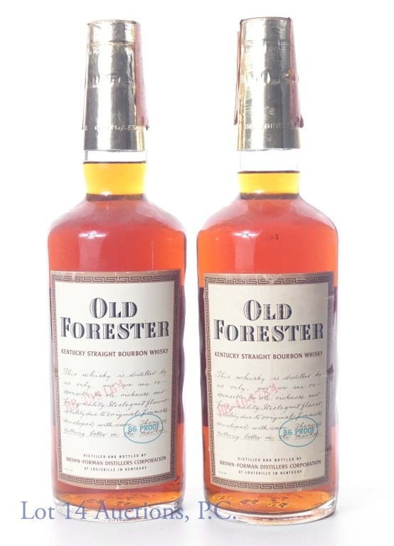 1965 Old Forester KY Bourbon Brown-Forman (2): Two 1965 (embossed on bottom and coded on labels) Old Forester Kentucky Straight Bourbon Whiskey, distilled and bottled by Brown-Forman Distillers Corporation, Louisville, Kentucky. 86 proof, 4/5 quar