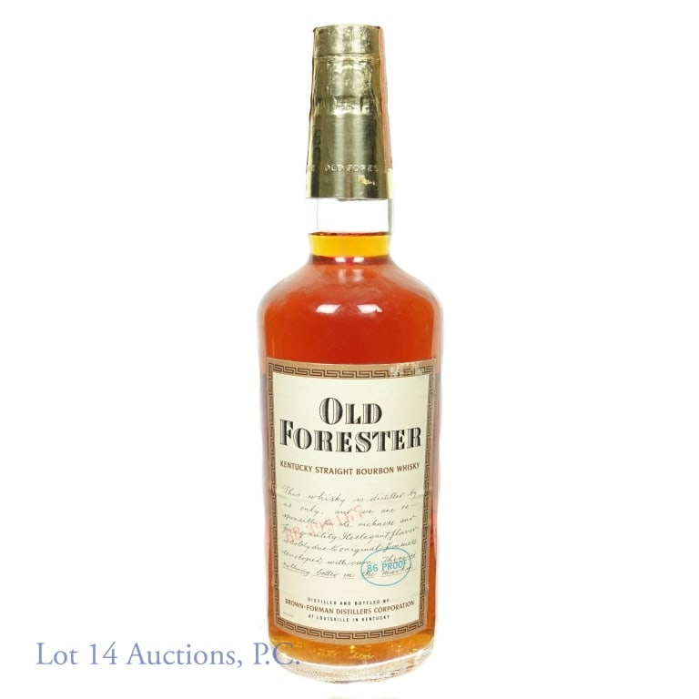 1965 Old Forester KY Bourbon Brown-Forman: 1965 (embossed on bottom and coded on labels) Old Forester Kentucky Straight Bourbon Whiskey, distilled and bottled by Brown-Forman Distillers Corporation, Louisville, Kentucky. 86 proof, 4/5 quart. N