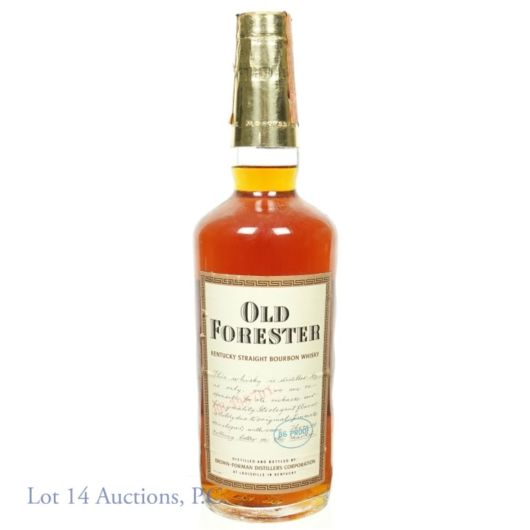 1965 Old Forester KY Bourbon Brown-Forman: 1965 (embossed on bottom and coded on labels) Old Forester Kentucky Straight Bourbon Whiskey, distilled and bottled by Brown-Forman Distillers Corporation, Louisville, Kentucky. 86 proof, 4/5 quart. N
