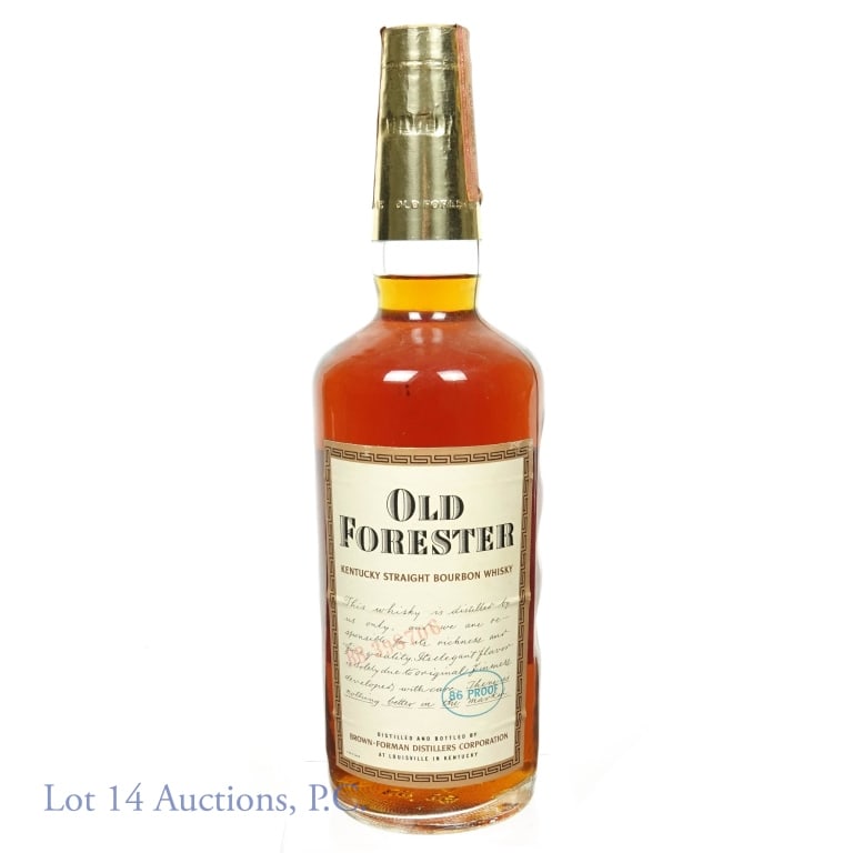 1965 Old Forester KY Bourbon Brown-Forman: 1965 (embossed on bottom and coded on labels) Old Forester Kentucky Straight Bourbon Whiskey, distilled and bottled by Brown-Forman Distillers Corporation, Louisville, Kentucky. 86 proof, 4/5 quart. N