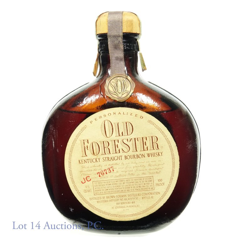 1954-1961 Old Forester Bourbon BiB - Personalized: Old Forester Kentucky straight bourbon whisky. Barreled Fall 1954 - Bottle Fall 1961. Bottle in Bond (100 proof). 4/5 quart. Brown-Forman Distillers. Personalized bottle (Jerry Sampson). Fill level is