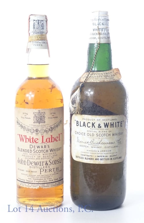 Black & White and White Label Scotch Spring Caps: Two bottles: ***Black & White, special blend of choice old scotch whisky, 1 quart (no proof listed). Spring cap (no tax strip present). ***Dewar's White Label blended scotch whisky. 86.8 proof, 4/5 qu