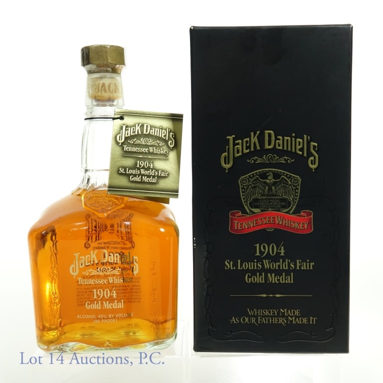 Jack Daniel's 1904 Gold Medal Whiskey: 1904 Jack Daniel's St. Louis World's Fair Gold Medal Tennessee Whiskey. 45% abv. 90 proof. 750 ml. Bottling No. B019018. In original box and tag.
