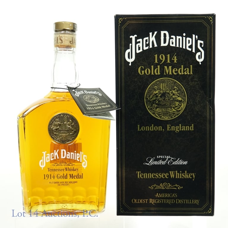 Jack Daniel's 1914 Gold Medal Whiskey: 1914 Jack Daniel's Gold Medal Tennessee Whiskey - limited edition. London, England. 45% abv. 90 proof. 750 ml. Bottling No. 139573. In original box and tag.