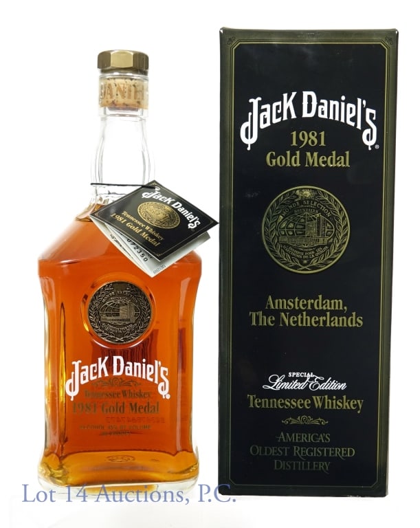 Jack Daniel's 1981 Gold Medal Whiskey: 1981 Jack Daniel's Gold Medal Tennessee Whiskey - limited edition. Amsterdam, The Netherlands. 45% abv. 90 proof. 750 ml. Bottling No. 072350. In original box and tag.