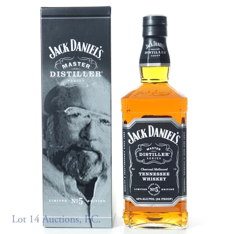 Jack Daniel's Whiskey Master Distiller No. 5: Jack Daniel's charcoal mellowed Tennessee whiskey. Limited edition Master Distiller series, #5, Frank Bobo. 86 proof, 750ml. With original box. Bottle number AIK 7627.