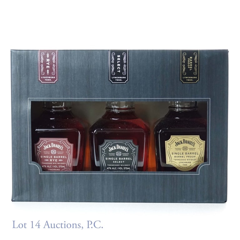 Jack Daniel's Single Barrel Gift 3-Pack: Jack Daniel's boxed gift set of 3 different 375 ml bottles. Single Barrel Rye whiskey, Single Barrel Select whiskey, Single Barrel Barrel Proof whiskey. Box is in pretty good condition save dent on ba