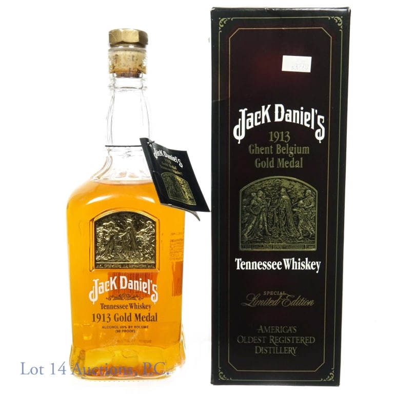 Jack Daniel's 1913 Ghent Belgium Gold Medal: Jack Daniel's Tennessee Whiskey 1913 Ghent Belgium Gold Medal. Limited edition. 90 proof, 750ml. With original box and neck tag (warped).