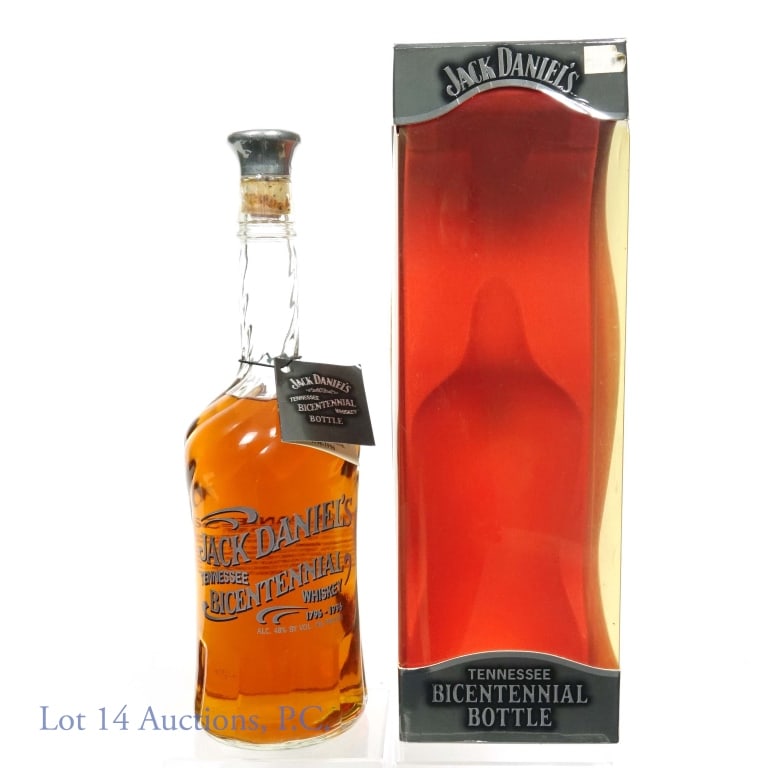 Jack Daniel's Bicentennial Bottle: Jack Daniel's Tennessee Whiskey Bicentennial Bottle. 1995. 96 proof, 750ml. With original box and neck tag.