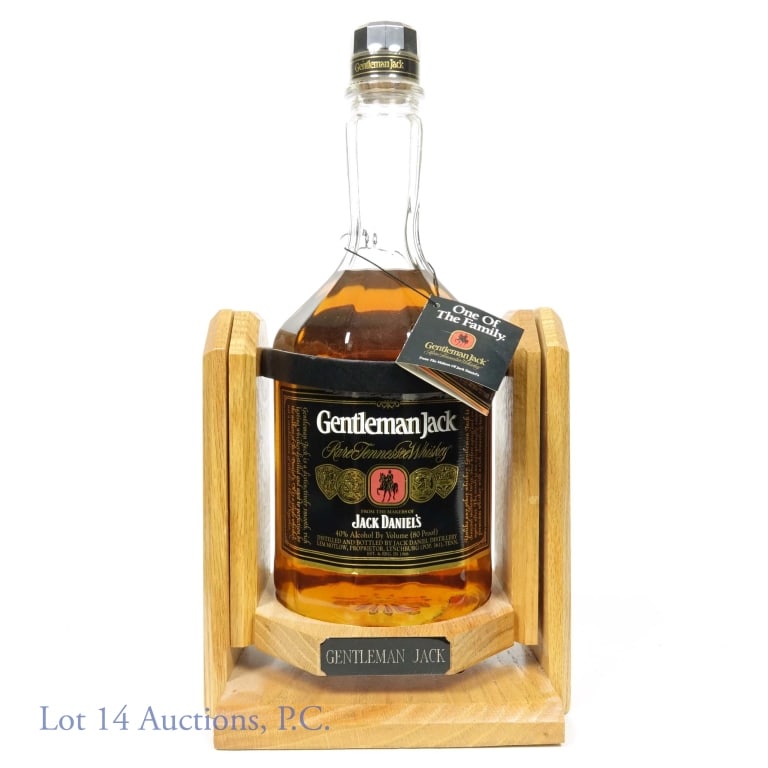 Gentleman Jack 2nd Gen TN Whiskey Swing Cradle: Gentleman Jack Rare Tennessee Whiskey with swing cradle. Second generation. 80 proof, 1.75 L. With wooden cradle and neck tag.