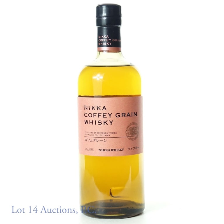 Nikka Coffey Grain Japanese Whisky: Nikka Coffey Grain Whisky, produced by the Nikka Whisky Distilling Co.. in Japan. 45% abv. 750 ml. Distilled in a "Coffey Still," a "very traditional and rare patent Nikka imported from Scotland."