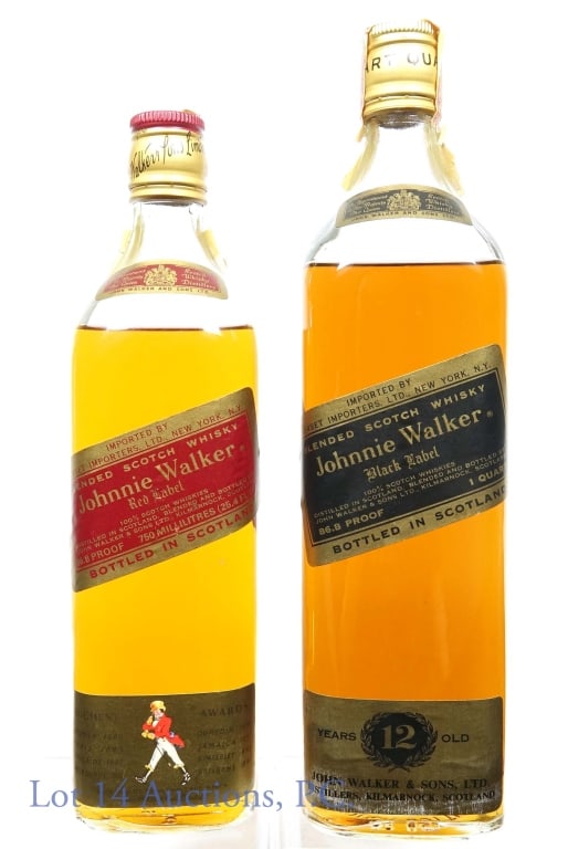 Johnnie Walker Red (750) & Black (Qt) Scotch: Johnnie Walker Black Label blended Scotch whisky. 86.8 proof. 1 quart. Series 112 (Internal Revenue) tax strip (1960 - 1977). ***** Johnnie Walker Red Label blended Scotch whisky. 86.8 proof. 750 ml (