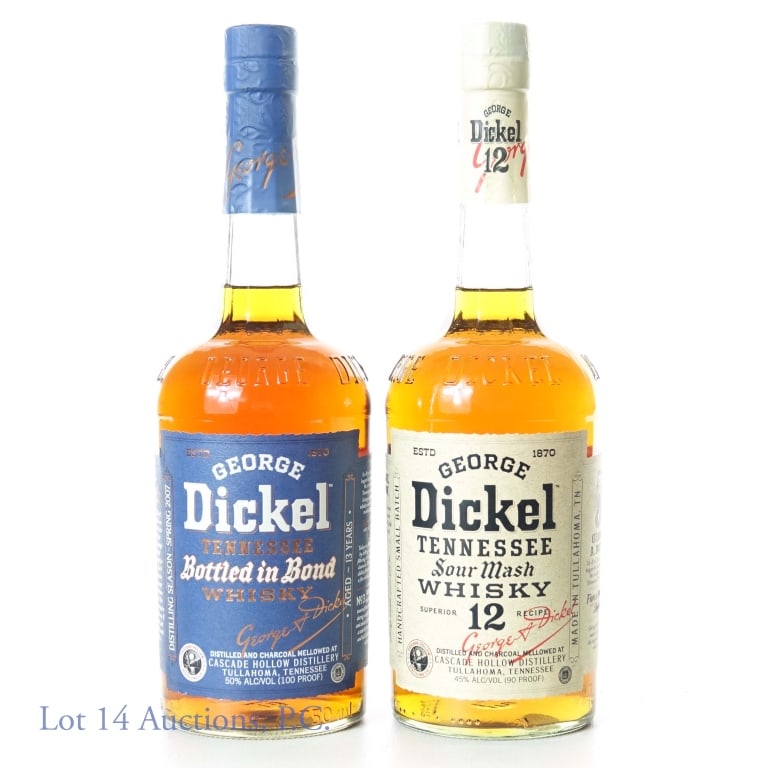 George Dickel Bottled in Bond & Sour Mash (2): Two bottles: * George Dickel Tennessee Bottled in Bond Whisky, aged 13 years, distilling season Spring 2007, No. 3 Release, 100 proof, 750 ml. * George Dickel Tennessee Sour Mash Whisky Small Batch, S