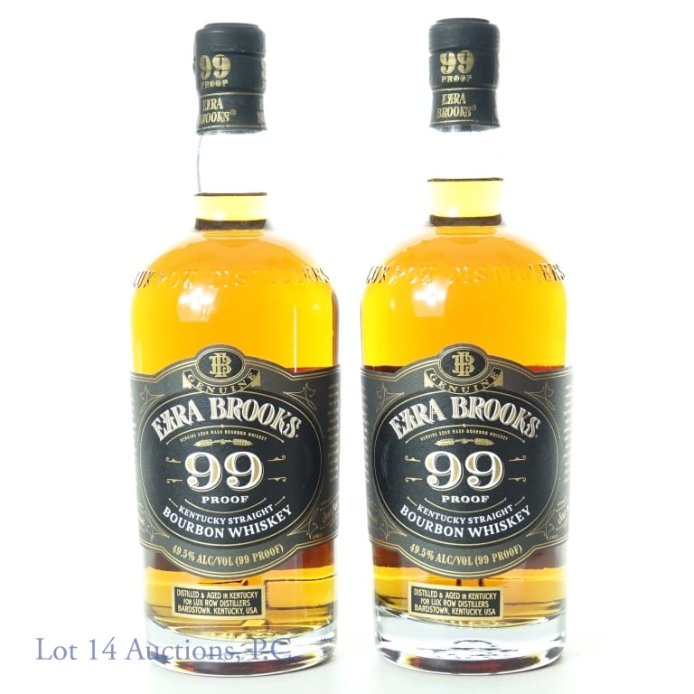 Ezra Brooks Sour Mash Bourbon Whiskey (2): 2 bottles of Ezra Brooks genuine sour mash Kentucky straight bourbon whiskey, 99 proof, 750 ml. Distilled and aged in Bardstown, KY.