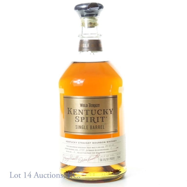 Wild Turkey Kentucky Spirit Single Barrel Whiskey: Wild Turkey Kentucky Spirit single barrel straight bourbon whiskey, 101 proof, 750 ml. Bottled on 8-23-21, barrel no. 2720, stored in warehouse C on rick no. 3. Distilled and bottled in Lawrenceburg, 