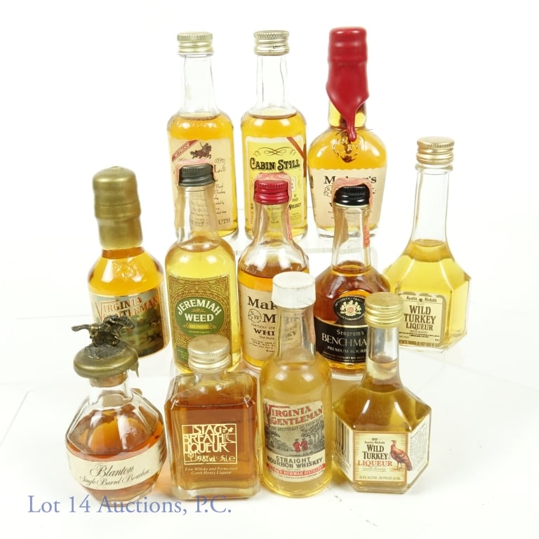 Bourbon Whiskey Mini Bottles Some 1960s (12): Twelve vintage mini bottles of bourbon whiskey. Two bottles have series 111 tax strips (1944-1960): Maker's Mark Kentucky Straight Bourbon Whiskey and Seagram's Benchmark Premium Bourbon. Other bottle
