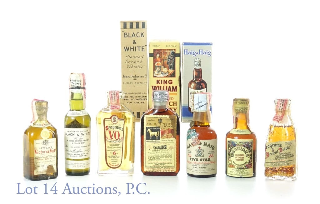 Mini Bottles (7): King William IV blended Scotch whisky. 86.8 proof. 1/10 pint. Non series denominated tax strip (1934-44). Original box. ***** Seagram's V.O. blended Canadian whisky. 6 years. 86.8 proof. 1/10 pint. 19