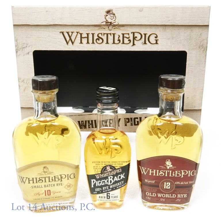 WhistlePig Rye Whiskey Piglets (3 x 50ml): WhistlePig Rye Whiskey Piglets. Includes: WhistlePig Small Batch Rye (100 proof, 50ml), WhistlePig Piggyback Rye (96.56 proof, 50ml), WhistlePig Old World Rye (86 proof, 50ml). With original box.