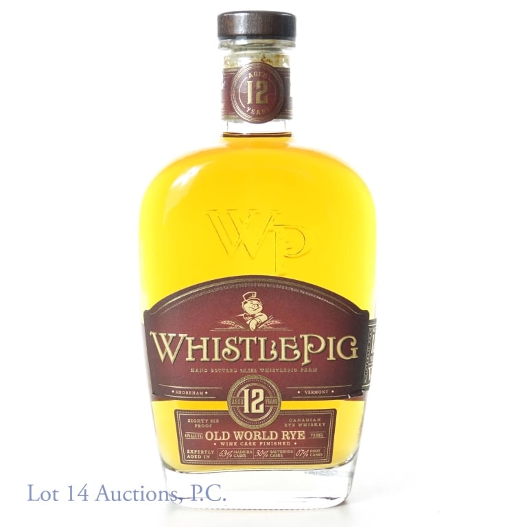 WhistlePig 12 Year Old World Rye Whiskey: WhistlePig Old World Rye, 12 years old. 86 proof, 750ml. (Small tears on right corner of label).
