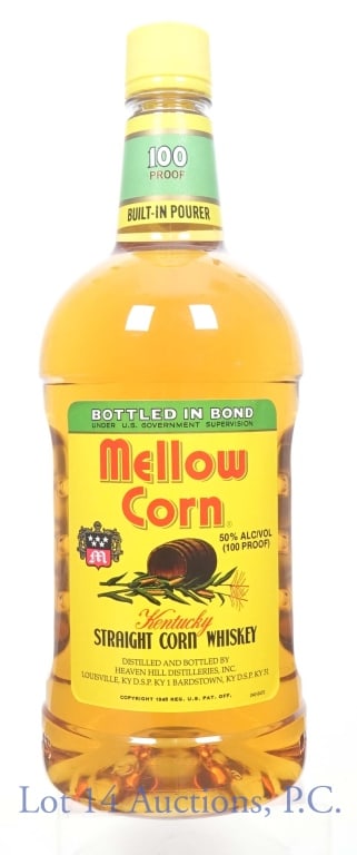Mellow Corn Straight Corn Whiskey - BiB (1.75 L): Mellow Corn Kentucky straight corn whiskey. Bottled in bond (100 proof). 1.75 liters (plastic bottle with built-in pourer). Etch: 5FL080312325. Heaven Hill Distilleries.