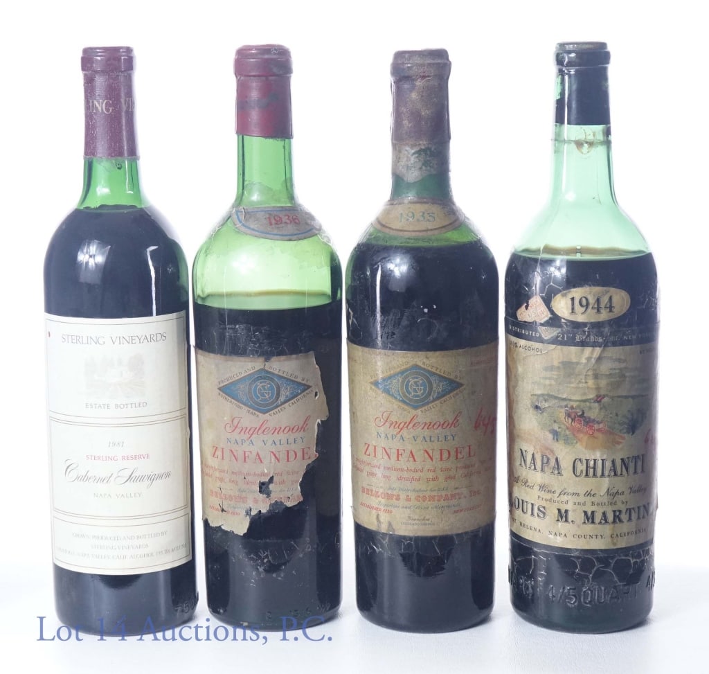 Napa Valley Wines (4): 1935 Inglenook zinfandel. 13% ABV. 1 pint, 8 fl oz. Shoulder fill. ***** 1936 Inglenook zinfandel. 1 pint, 8 fl oz. Below shoulder fill. Front label partially missing. ***** 1944 Louis M. Martini Napa