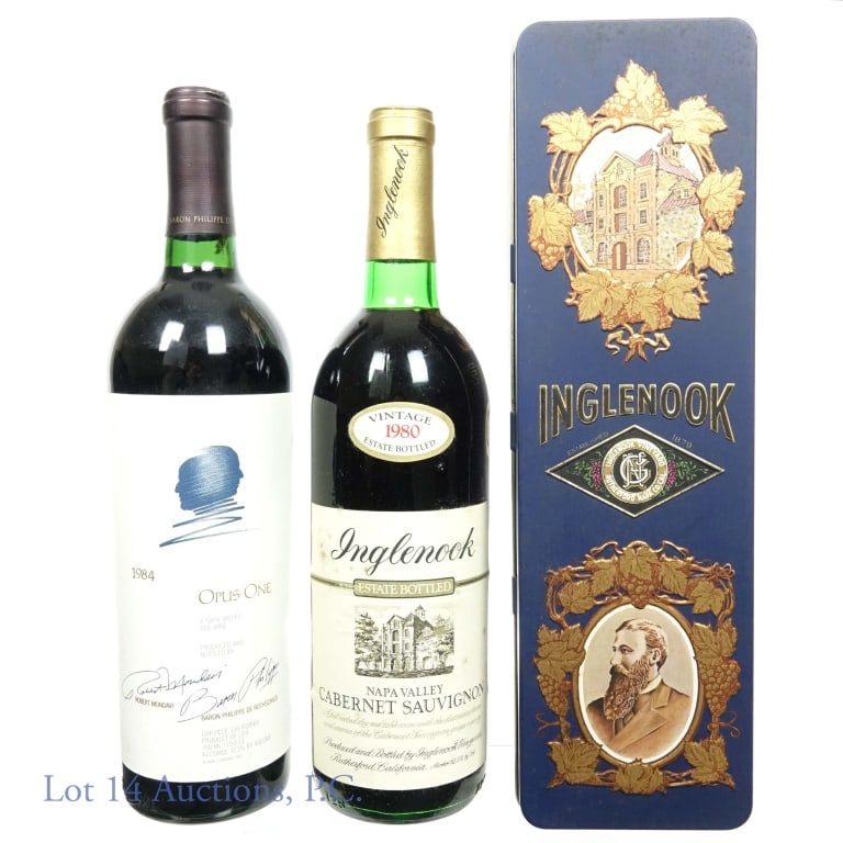 Inglenook and Opus One Napa Valley Wines 1980s (2): Two bottles of red wine: 1980 Inglenook Estate Bottled Cabernet Sauvignon, Napa Valley, 12.5% ABV, 750ml, with original tin box; 1984 Opus One Red Wine, Napa Valley, produced by Robert Mondavi and Bar