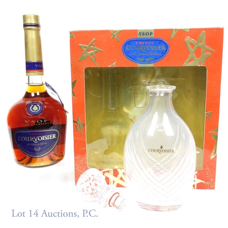 Courvoisier VSOP Cognac Box Set (Decanter): Courvoisier V.S.O.P. cognac 80 proof. 0.75 liters (750 ml). Comes in box (rougher condition) with French glass decanter