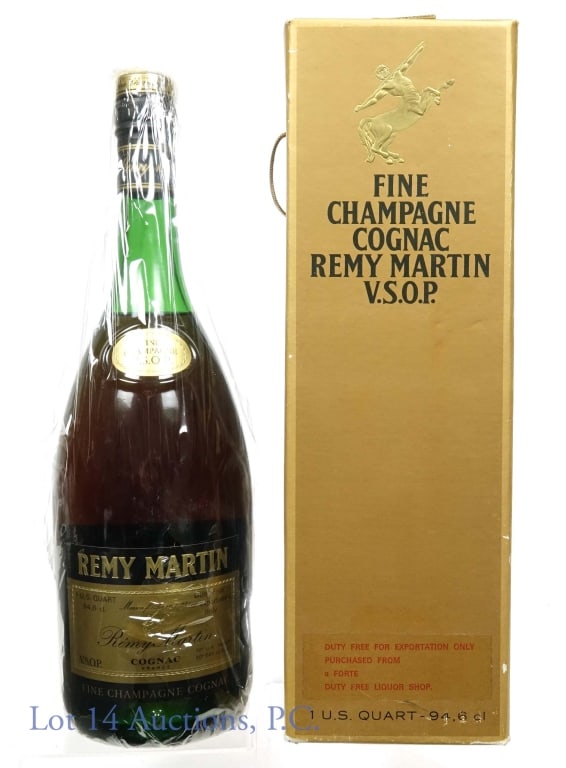 Remy Martin VSOP Cognac (Quart): Remy Martin V.S.O.P. cognac. 80 proof (40 degrees Guy-Lussac and 70 degrees UK proof). 1 U.S. quart or 94.6 cl (946 ml). Original box. Box and label note this is a duty free export from the UK.