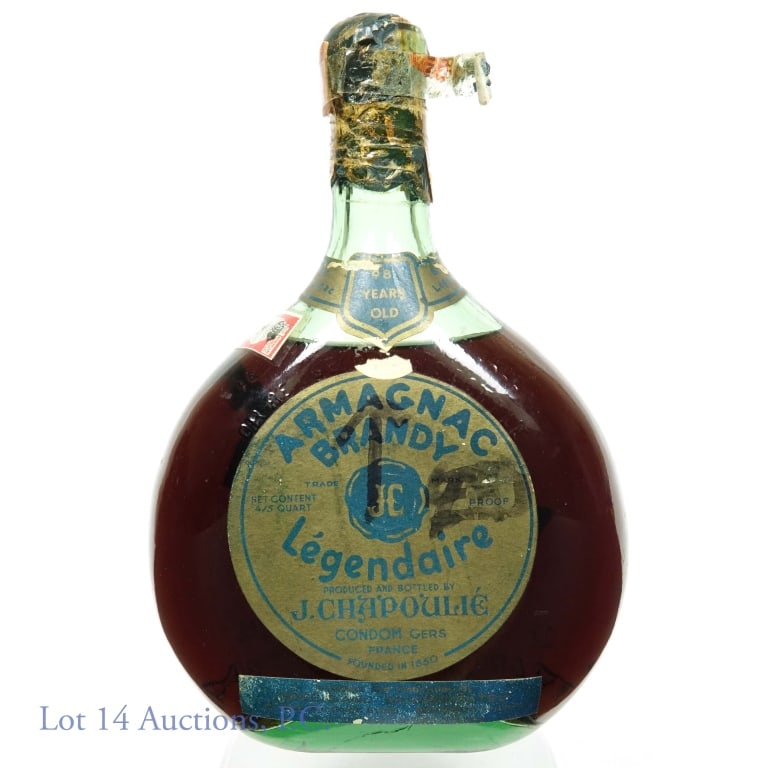Armagnac Brandy Legendaire (98 Years): Armagnac brandy Legendaire. Produced and bottled by J. Chapoulie. 98 years. 72 proof. 4/5 quart. Wax capsule partially missing, but still largely intact over the cork.