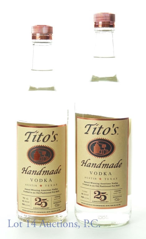 Tito's Handmade Vodka - 25th Anniv (750ml & 1L): 2 bottles of Tito's handmade vodka - 25th anniversary bottle. 80 proof. 1 bottle is 1 liter and the other bottle is 750 ml.