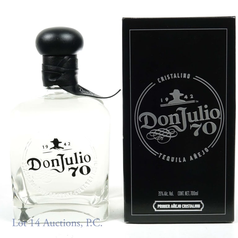 Don Julio 70 Cristalino Tequila Anejo (Mexico): Don Julio 70 Cristalino Tequila Anejo. 70 proof. 700 ml. Original box. Purchased in Mexico. Etch: L2356ZS002 1053 11:57.