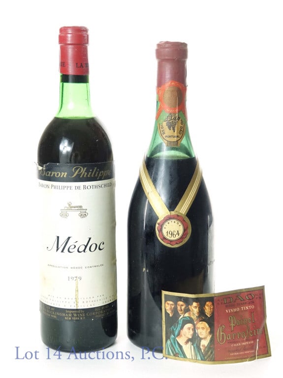 Vintage Red Wine, Incl Rothschild (2): Two bottles. One 1964 Portuguese Painel Garrafeira 1 pt. 8 fl oz (750), label unglued, capsule dented. One 1979 Baron Philippe de Rothschild Medoc red bordeaux wine, 750 ml.
