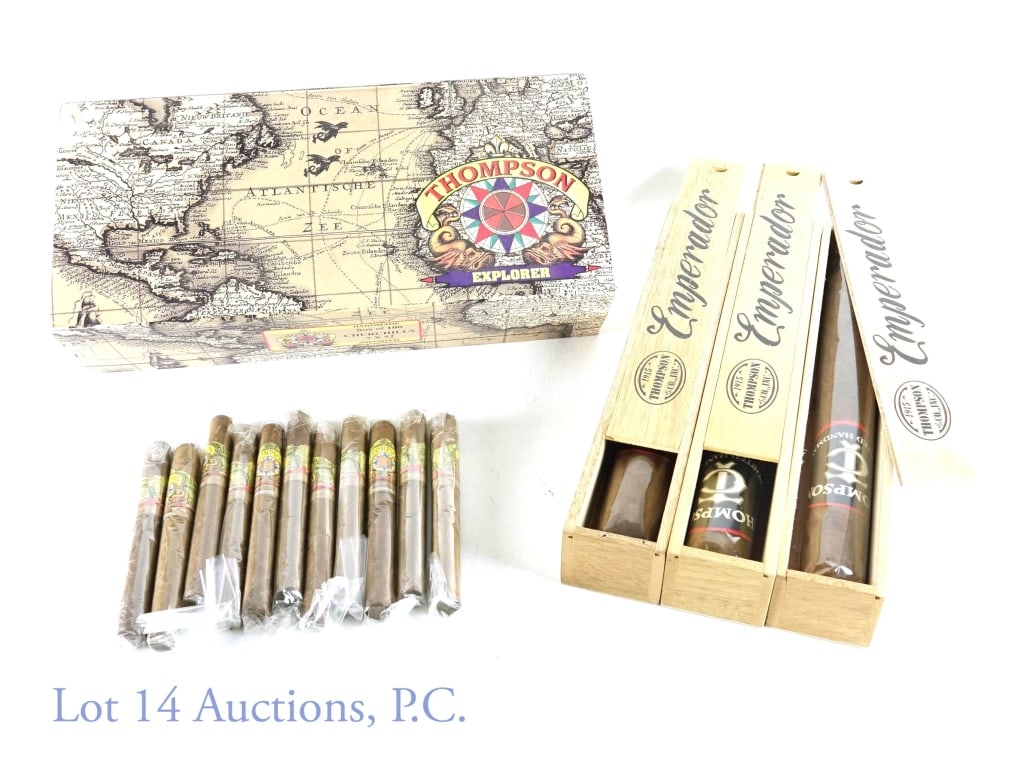 Thompson Cigars (13): 13 wrapped Thompson cigars. All kept inside Thompson Explorer Habano Churchill Box of 100.