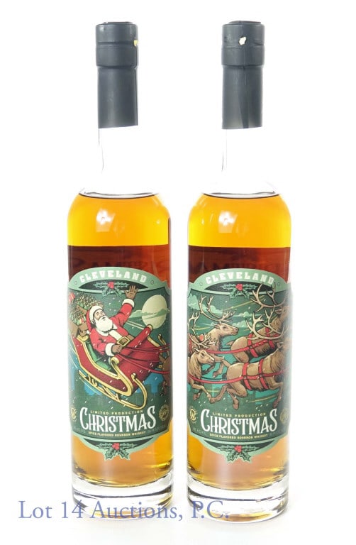 Cleveland Christmas Spice Flvrd Bourbon Whiskey, 2: 2 Cleveland Spice Flavored Christmas Bottles Limited Production. 86 Proof 750ml. One bottle's label displays St. Nicholas and other bottle displays 4 reindeer.
