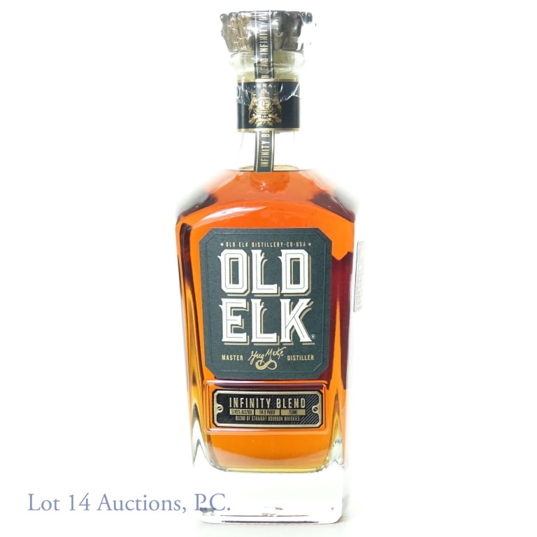 Old Elk Infinity Blend Bourbon Whiskey: 2021 Old Elk Infinity Blend of straight bourbon whiskies Limited Release created by master distiller Greg Metze, 114.9 proof, 750 ml. Blend of 3 bourbon whiskeys, one aged 6 years, one 12, and one 11.