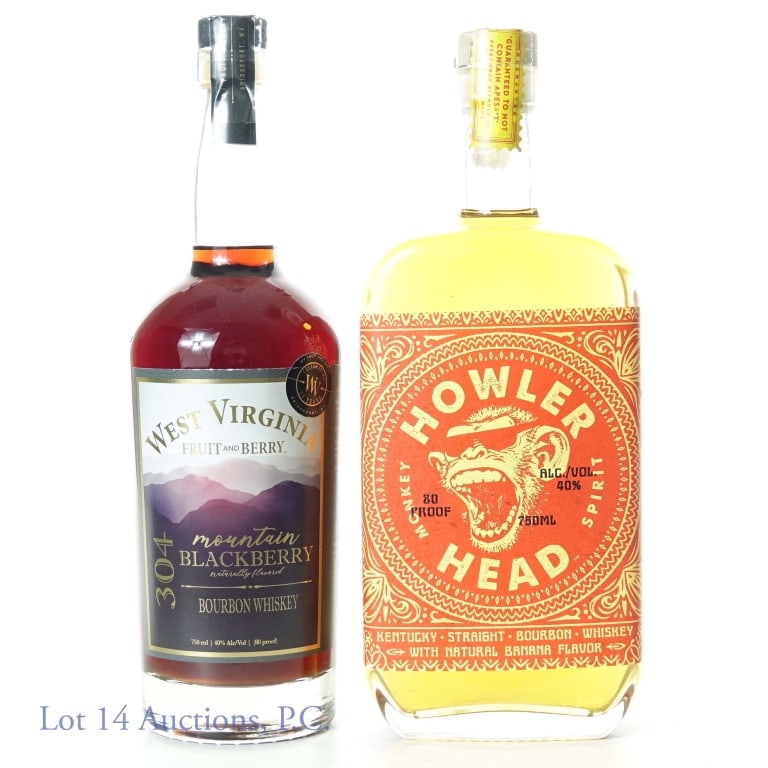 Berry & Banana Whiskies (2): ONE bottle of West Virginia Fruit and Berry 304 Mountain Blackberry Bourbon Whiskey, 80 proof, 750 ml, Bridgeport, WV. ONE bottle of Howler Head Monkey Spirit Kentucky Straight Bourbon Whiskey with Na