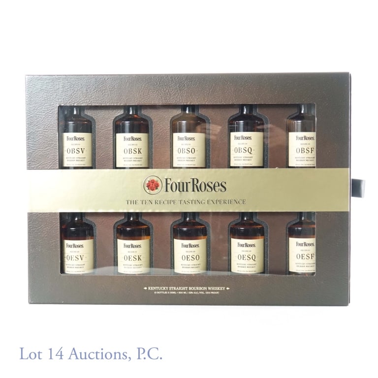 Four Roses Bourbon 10 Recipe Tasting Set: Boxed collection of 10 bottles of Four Roses Kentucky straight bourbon whiskey. Each bottle is 104 proof and 50 ml. Recipes listed: OBSV, OBSK, OBSO, OBSQ, OBSF, OESV, OESK, OESO, OESQ, and OESF.