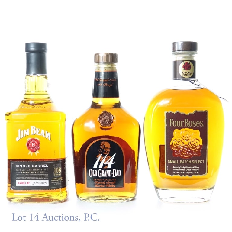 Four Roses, Old Grand-Dad, Jim Beam Bourbons (3): THREE bottles total: * FOUR ROSES Small Batch Select Kentucky Straight Bourbon Whiskey crafted from six unique bourbons, non-chill filtered,104 proof, 750 ml. Distilled and aged in Lawrenceburg, KY. *