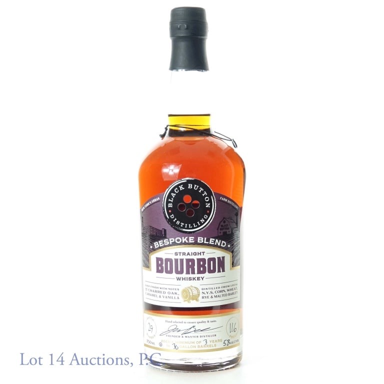 Black Button Bespoke Blend Bourbon: Black Button straight bourbon whiskey. Bespoke blend, with notes of charred oak, caramel and vanilla. Ages for at least 3 years in 30 gallon barrels. 116 proof, 750ml.