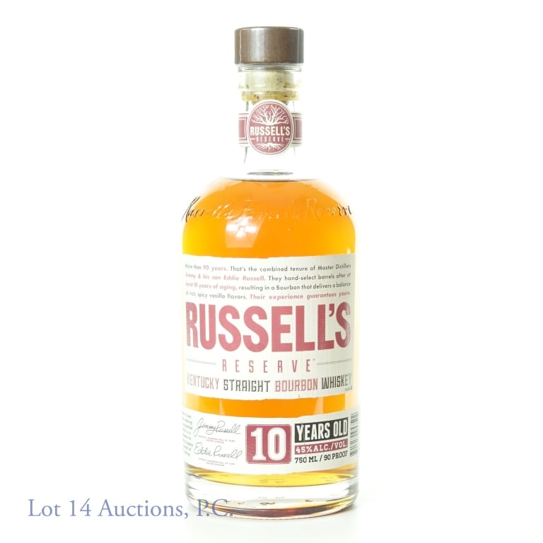 Russell's Reserve Bourbon - 10 Years: Russell's Reserve Kentucky straight bourbon whiskey. 10 years. 90 proof. 750 ml. Etch: LL/DF282042. The Wild Turkey Distilling Company.