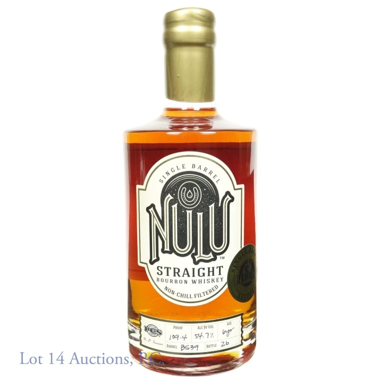 Nulu Bourbon Whiskey (S&W Liquors Pick): Nulu straight bourbon whiskey. 6 years. 109.4 proof. Barrel B539. Bottle No. 26. S & W Liquors (Temple HIlls, MD) single barrel select. Label on back declares "One Single Barrel" by Barney Rubble.