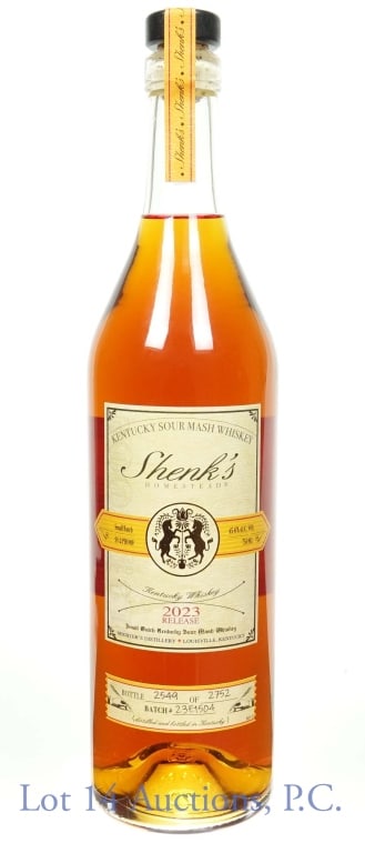 2023 Shenk's Small Batch Whiskey - Batch 23E1504: 2023 Shenk's Homestead small batch Kentucky sour mash whiskey. 91.2 proof. 750 ml. Batch # 23E1504. Bottle No. 2549 / 2752.
