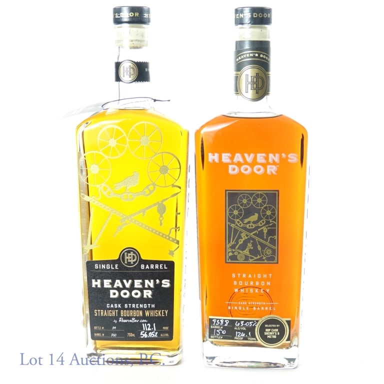 Heaven's Door Cask Strength Bourbon (2): Two bottles of Heaven's Door Straight Bourbon Whiskey, cask strength, single barrel. First bottle is selected by Hop Cask Sherry & Metro and is from barrel no. 9388, bottle no. 150, 126.1 proof. Secon