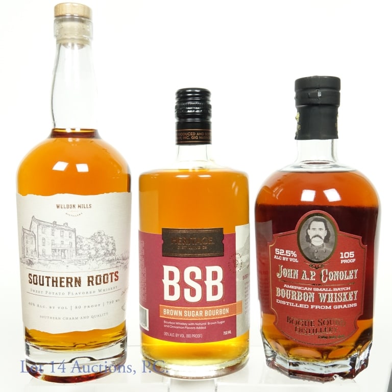 Weldon Mills, Heritage, Conoley Whiskies (3): John A.P. Conoley American small batch bourbon whiskey. 105 proof. 750 ml. Bogue Sound Distillery. ****** BSB brown sugar bourbon. 60 proof. 750 ml. Heritage Distilling. ***** Weldon Mills Southern Ro