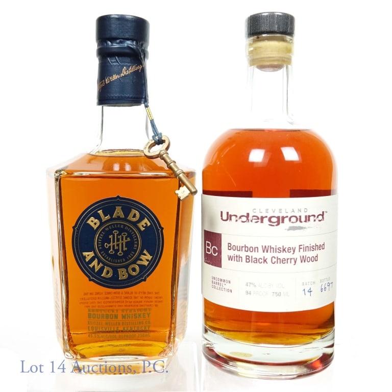 Blade and Bow & Cleveland Underground Bourbon: Blade and Bow Kentucky straight bourbon whiskey. 91 proof. 750 ml. Key neck tag present. ****** Cleveland Underground bourbon whiskey finished with black cherry wood - Batch 14. 94 proof. 750 ml. Bott