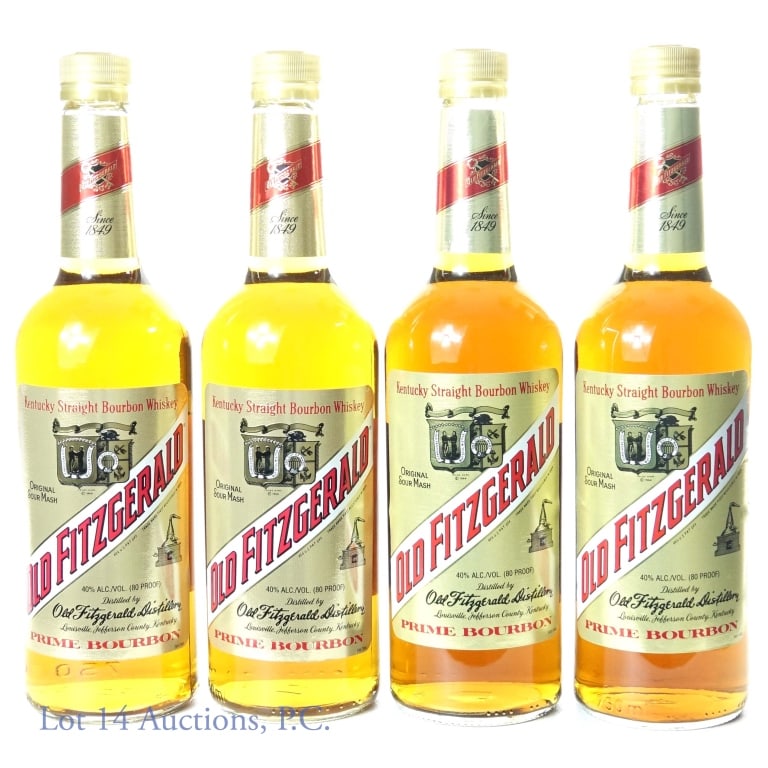 Old Fitzgerald Prime Bourbon (4): Four (4) bottles of Old Fitzgerald Original Sour Mash Kentucky Straight Prime Bourbon Whiskey. 3 years. 80 proof. 750 ml. Old Fitzgerald Distillery.
